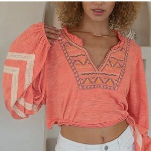 POL Coral Embroidered Crop Poets Blouse long bubble sleeve large boho blouse